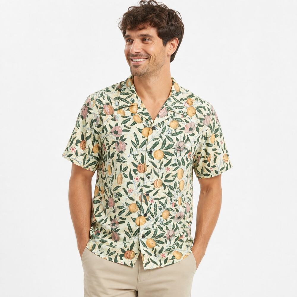 Yiume Men's Yellow Hawaiian Tropical Fruit Print Button Front Shirt